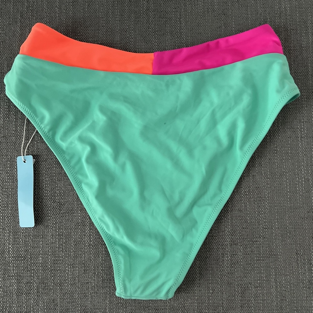 Popvil Neon Color Block High Waisted Bikini Bottom Pink Orange Mint SZ MED NWT - Picture 5 of 10